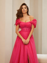 off shoulder tulle formal occasion dress