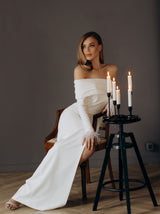 Bardot neck pencil wedding dress with full sleeves
