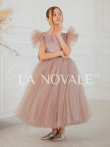 Ankle length flower girl dress with flutter sleeves