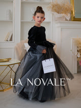 Black and white velvet flower girl dress for winter ceremony