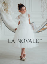 Ballerina length Communion dress with pleated tulle cape