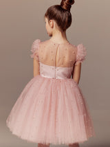 Puff sleeve short flower girl dress with pearls