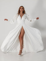 cummerbund satin wedding dress with Bishop sleeve