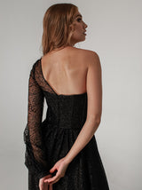 One shoulder sparkle black evening dress