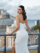form fitting satin bridal gown with cat eye neck