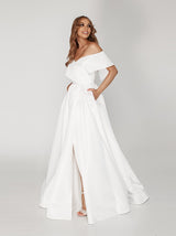Off shoulder A-line brocade wedding dress