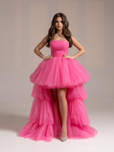 lace up bandeau tulle prom dress with high low skirt