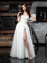 Basque waist pleated tulle corset wedding dress