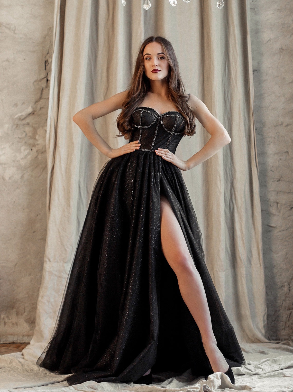 Black sparkle corset evening dress with rhinestone trim Black sparkle corset evening dress with rhinestone trim