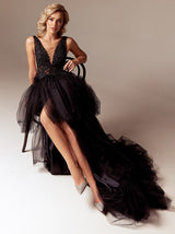 Tiered skirt illusion evening gown in black