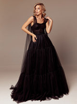 Tie shoulder tulle evening dress with pleated corset