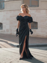 Lace up ruched evening dress in black