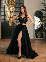 Black sparkle corset evening dress with rhinestone trim