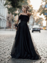 Feather Trim Sparkly Wedding Dress