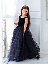 Retro inspired velvet junior bridesmaid dress in black