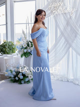 Ruched waist A-line satin evening dress in sky blue