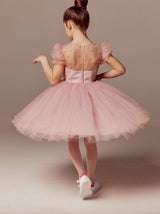 Puff sleeve short flower girl dress with pearls