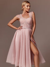 Tie shoulder tea length coctail dress in tulle