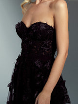 corset evening dress with sheer detachable overskirt