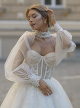 Botanical lace bustier wedding dress with pleated shawl