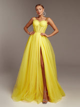 Canary yellow tulle prom dress with slit