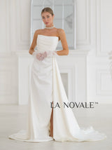 scoop neck pleated satin bridal gown