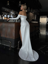 Off shoulder crepe wedding dress with pull on sleeves