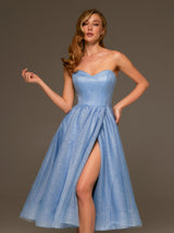 Steel Blue Strapless Prom Dress with Midi Full Skirt