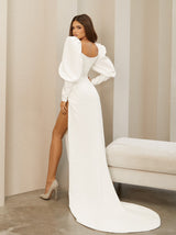 Full sleeve off shoulder bodycon crepe wedding dress