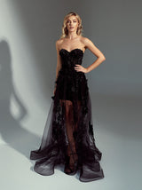 corset evening dress with sheer detachable overskirt
