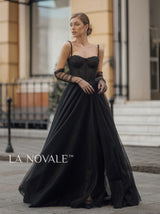 Rhinestone trim bustier evening dress in black