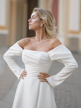Off shoulder long sleeve satin wedding dress