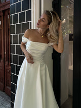 pleated corset A-line satin wedding dress
