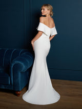 Off shoulder bustier crepe wedding dress