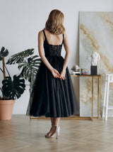 Beaded corset sparkly midi dress with accented waist