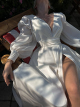 cummerbund satin wedding dress with Bishop sleeve