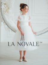 Ballerina length Communion dress with pleated tulle cape