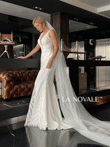 Simple Plunge neck sheath wedding dress