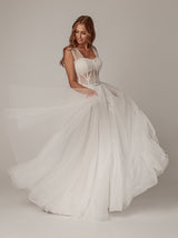 Lace up tulle wedding dress with cap sleeve