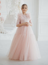 Elbow sleeve modest flower girl dress