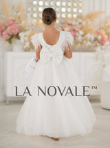 Elegant velvet mini bride dress with pearls and feathers