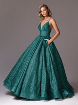 Emerald glitter prom ball gown dress with pockets