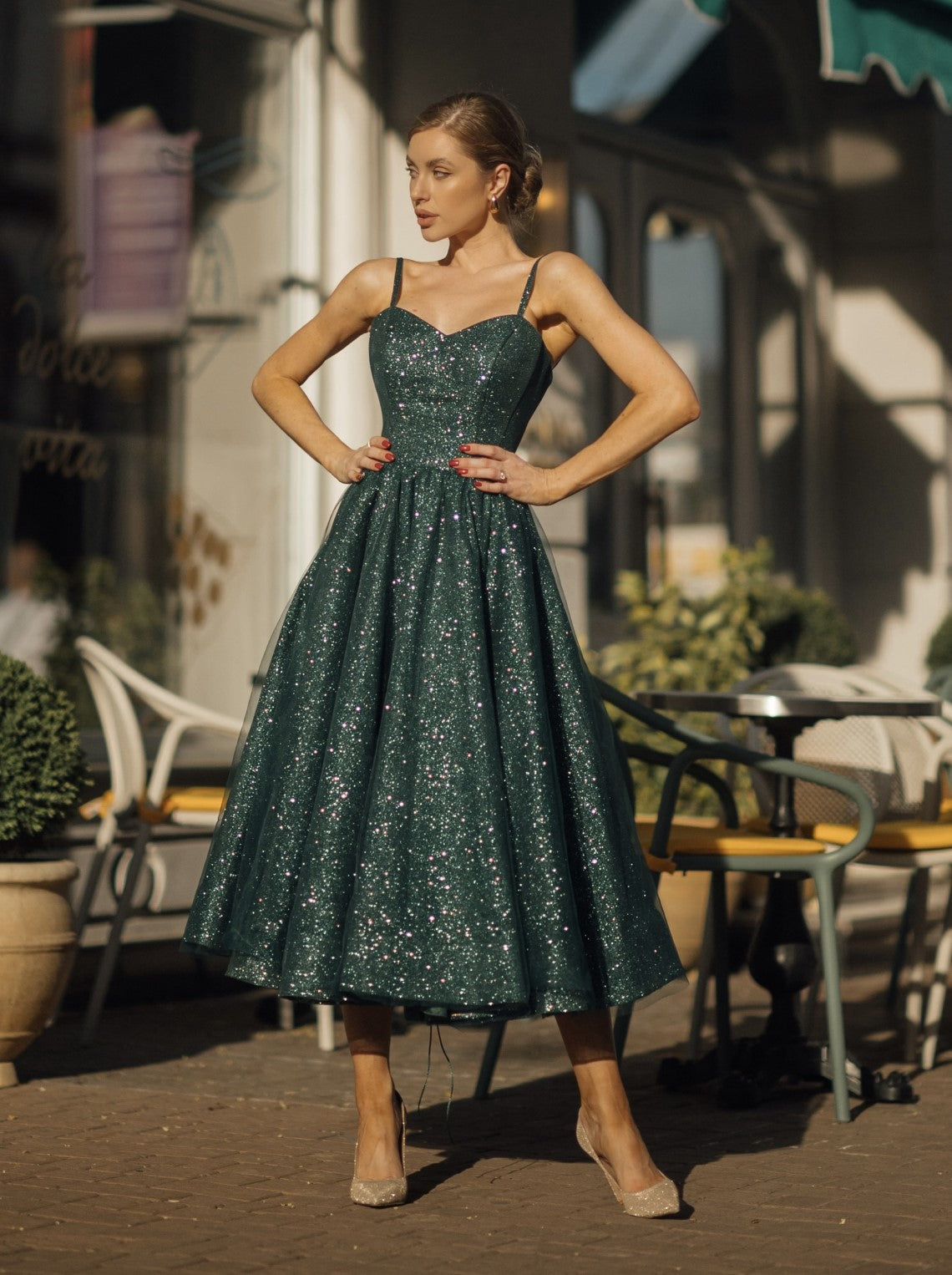 Party Green Swing Dress A-Line Sweetheart Neck Satin Tea Length Blue Prom Dress, Blue Formal Party Green Swing Dress A-Line Sweetheart Neck Satin Tea Length Blue Prom Dress, Blue Formal