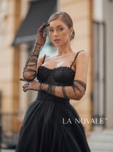 Rhinestone trim bustier evening dress in black