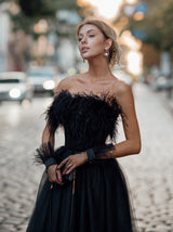 Feather Trim Strapless Evening Gown