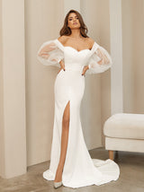 Fit and flare wedding dress with pull-on sleeves