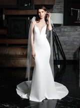 minimalist fit and flare crepe wedding dress