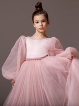 Balloon Sleeve blush Flower girl ball gown dress with beads