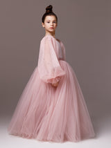 Balloon Sleeve blush Flower girl ball gown dress with beads