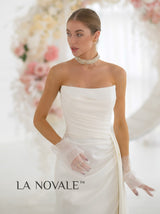 scoop neck pleated satin bridal gown